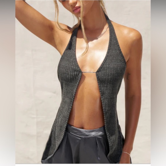 Joah Brown Tops - Joah Brown Rib Split Front Ink Luxe Knit Halter Tank XS